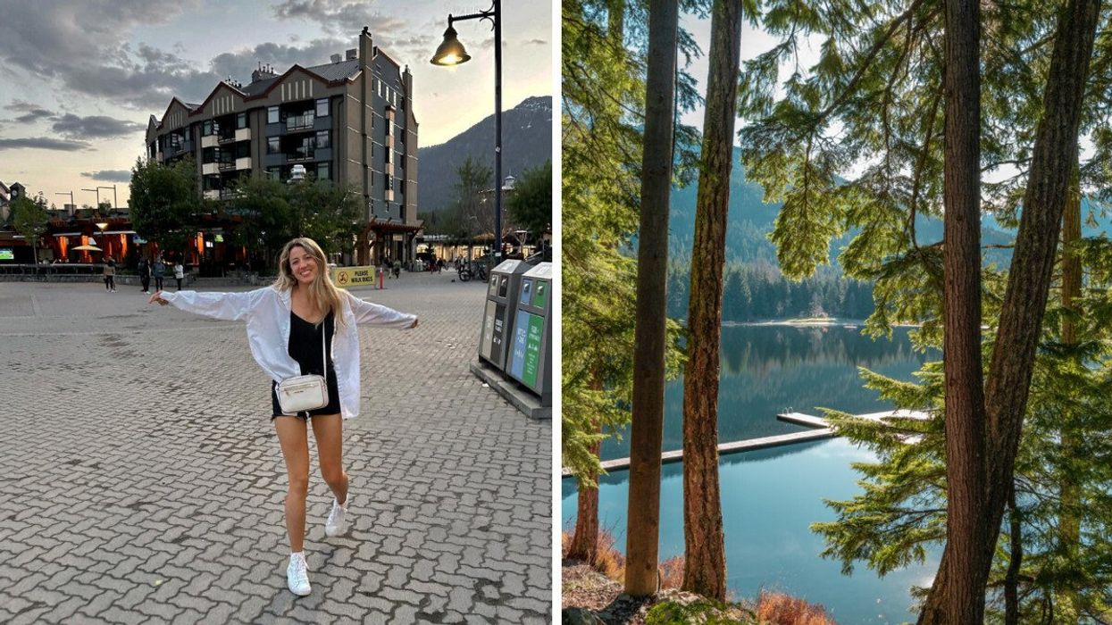 Person walking. Right: A lake.
