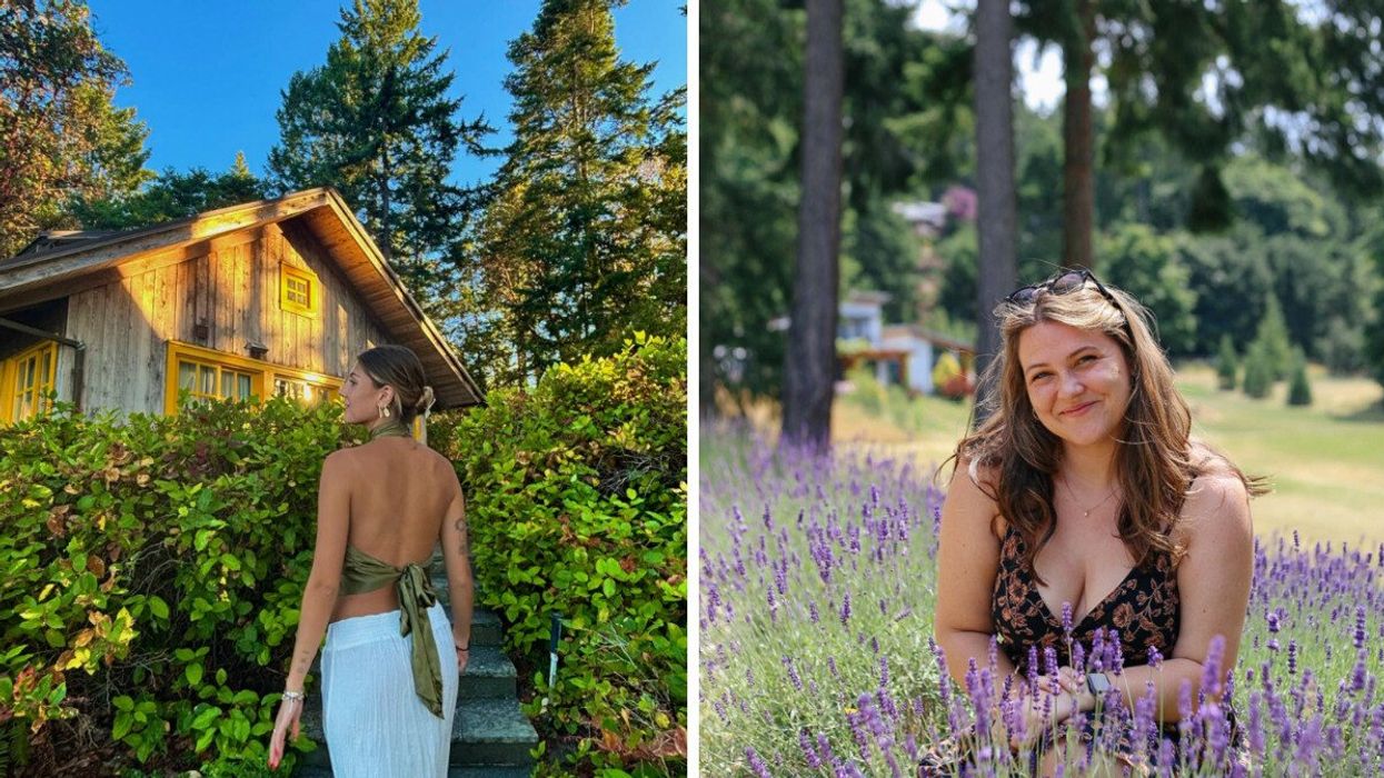 Person walking. Right: Someone sitting in a lavender field.