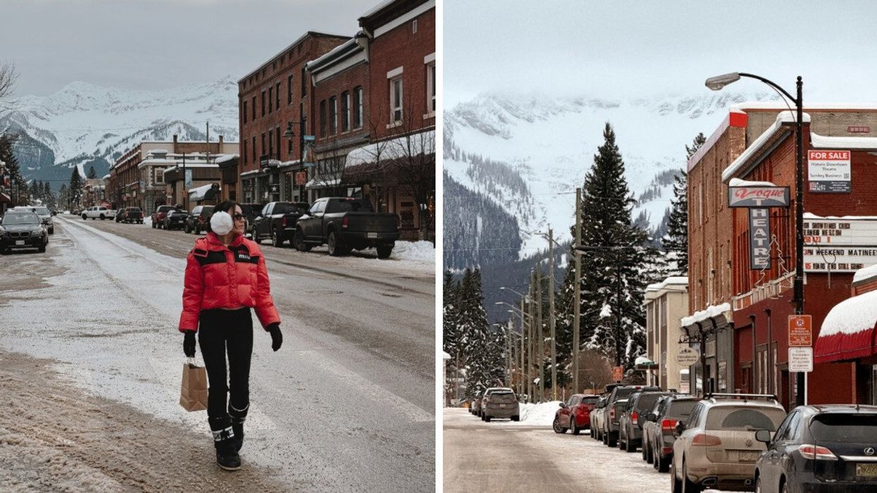Person walking through a town. Right: A small town in BC.
