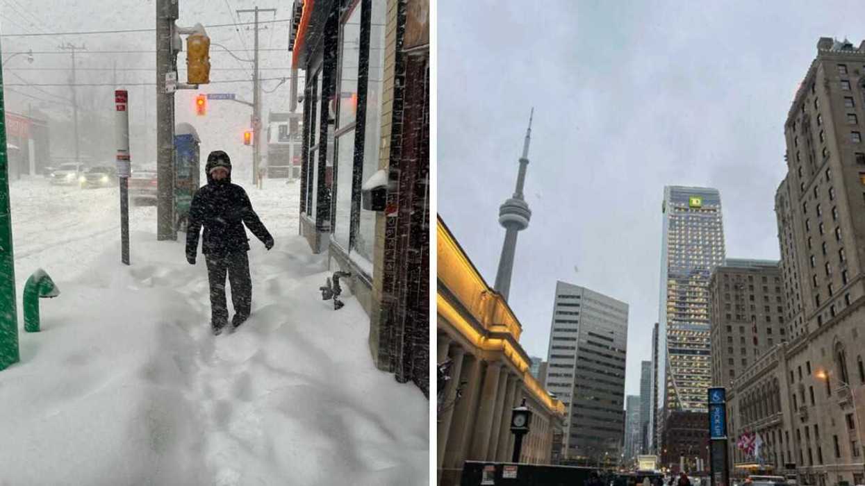 Person walking through the snow in Canada. Right: Toronto.