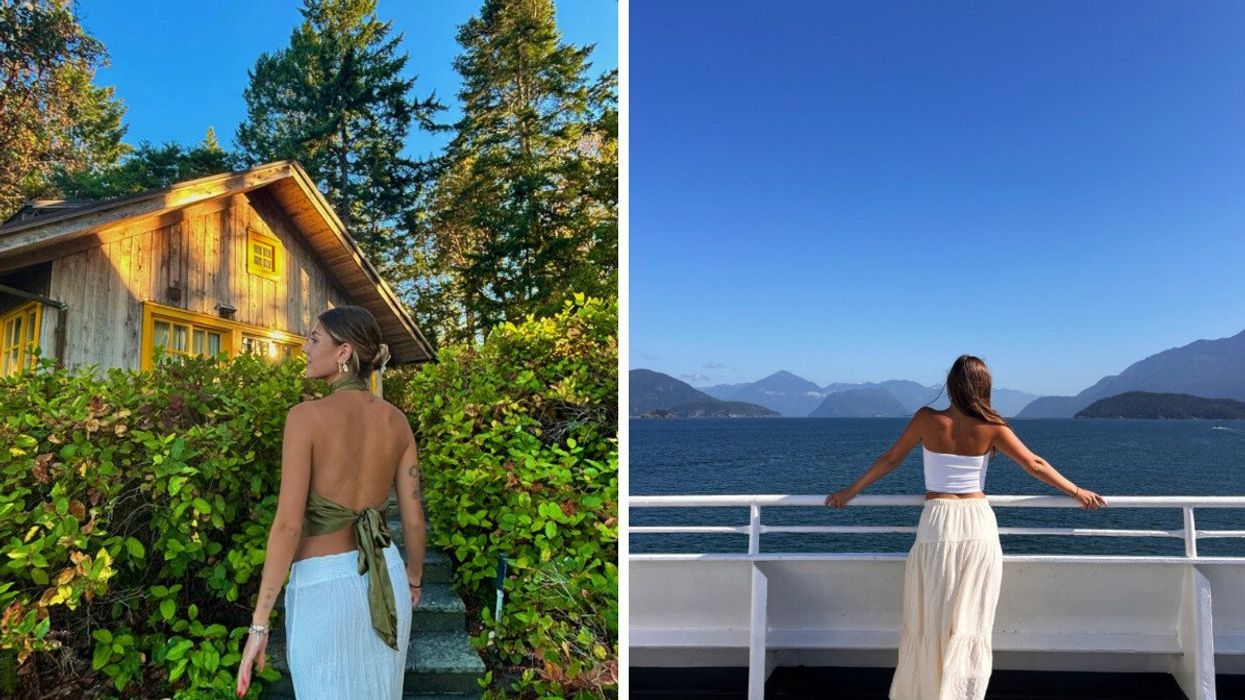 Person walking to a house. RIght: Person on a ferry.