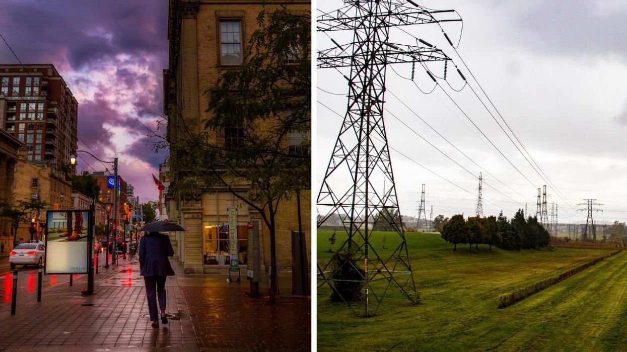 Person walking with an umbrella while it's raining. Right: Hydro tower.