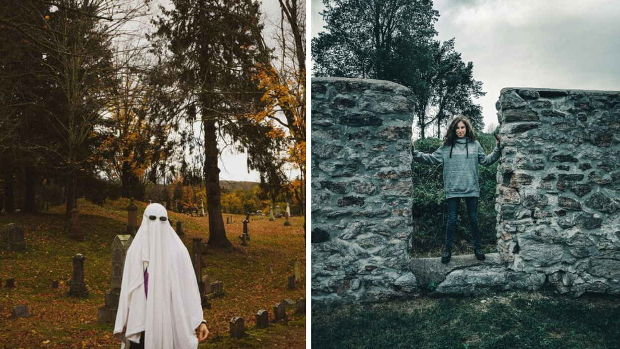Person wearing a ghost costume in a cemetery. Right: Girl posing on haunted ruins.