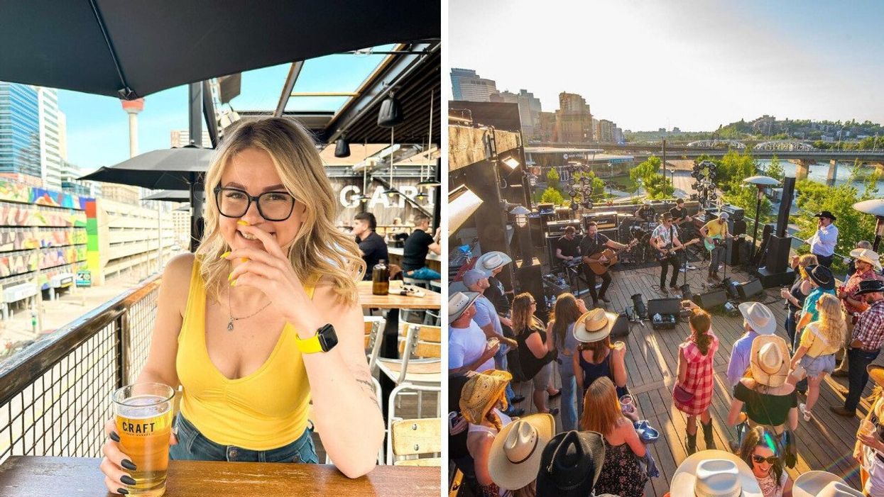 Person with a beer on the patio at Craft Beer Market. Right: Band playing for a crowd at Connie & John's Rooftop