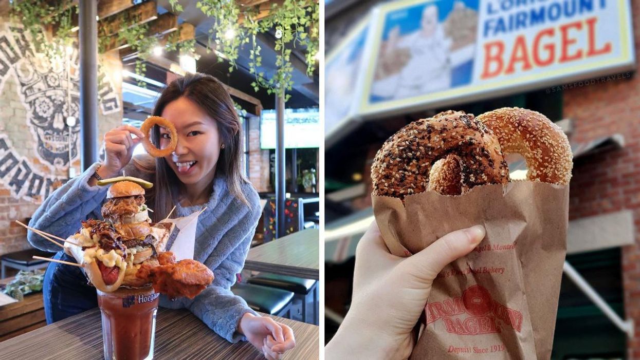 Person with a Caesar from Score on King. Right: Person holding bagels from Fairmount Bagel.