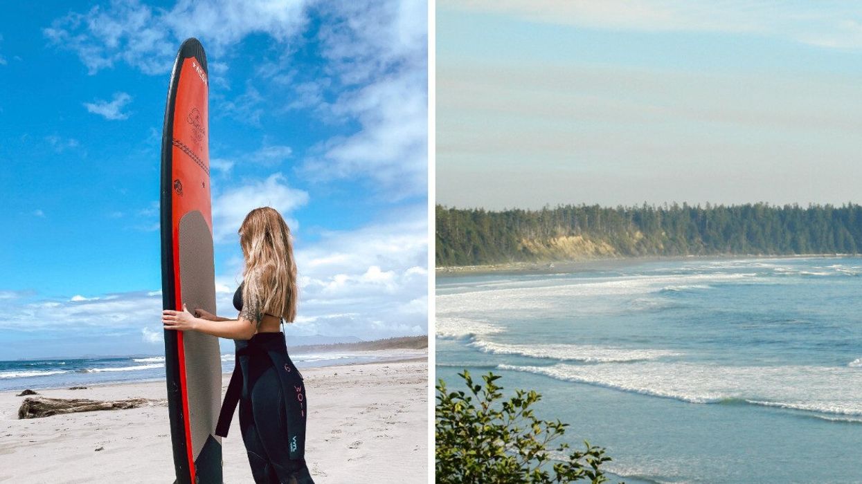 Person with a surf board. Right: A beach.
