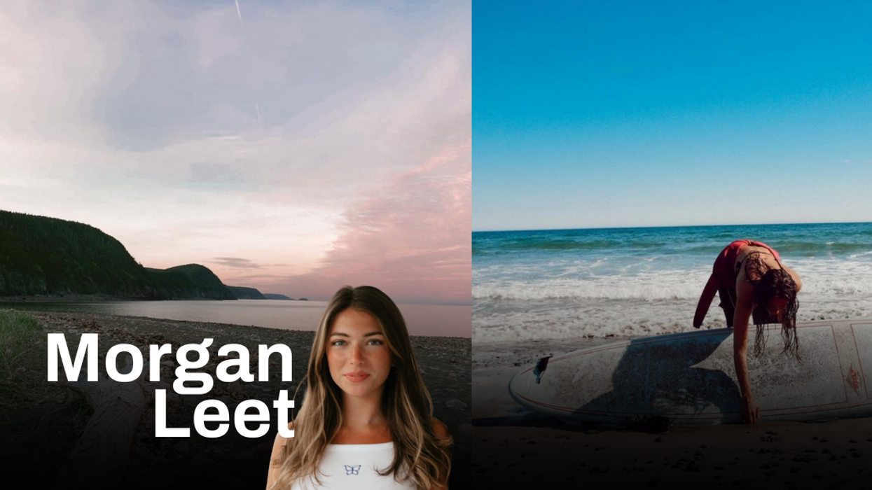 Person with a surfboard on a beach. Right: A beach with mountains in the distance.