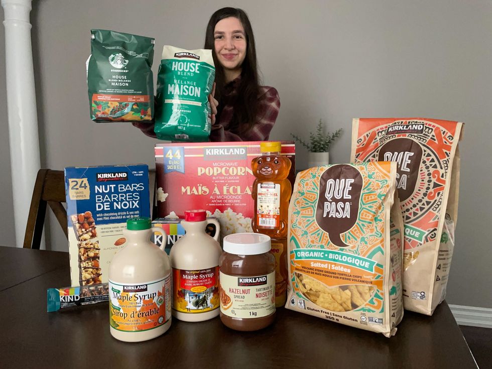 person with kirkland products and name-brand versions