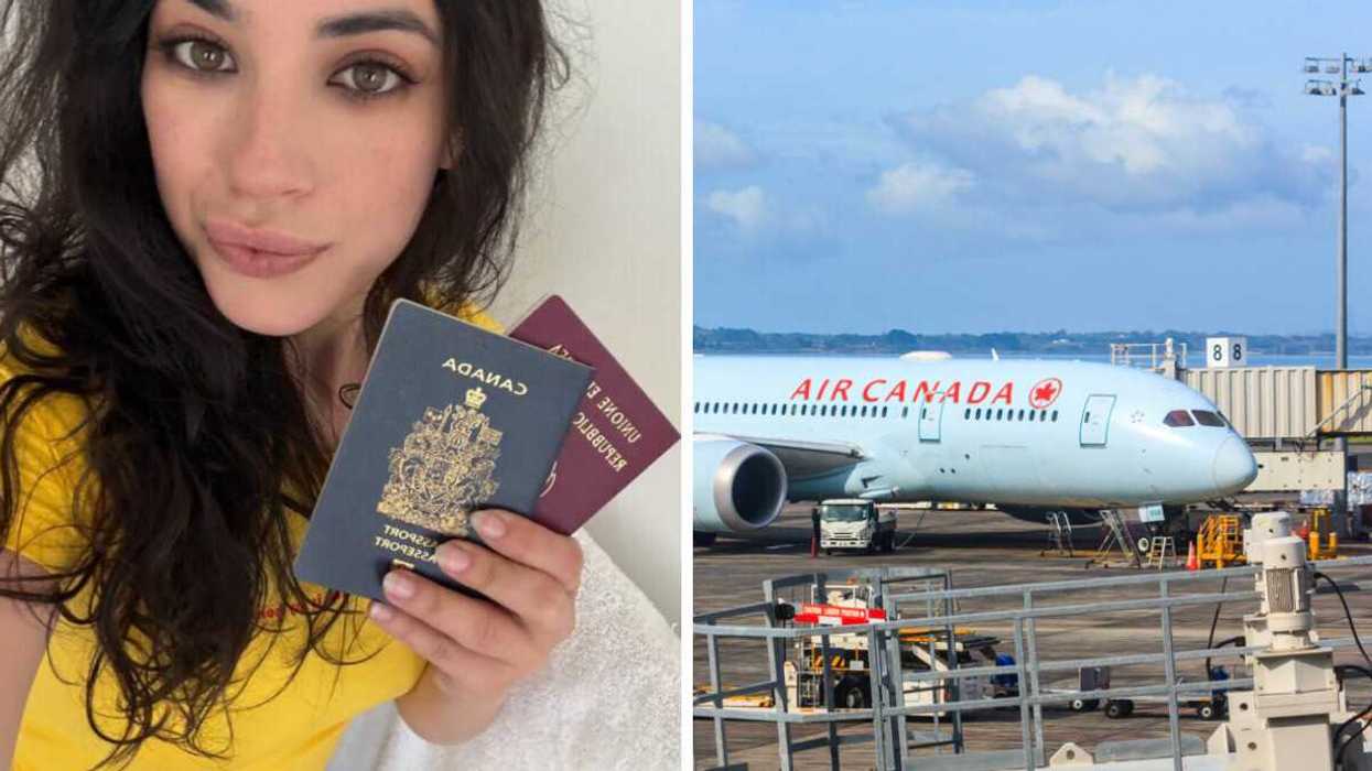 Person with passports. Right: Air Canada plane.