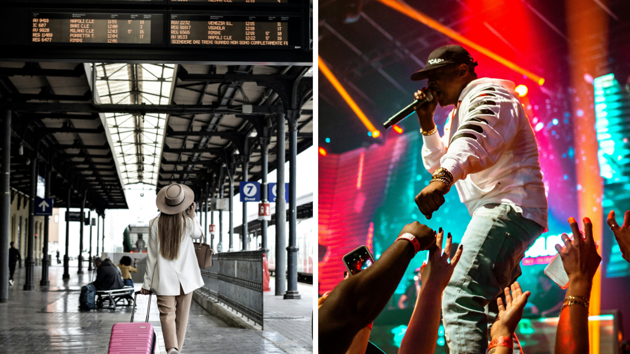 Person with pink suitcase and beige hat walking through a train station, embodying travel main character energy. Right: Performer on stage singing into a microphone while fans reach out, creating main character concert vibes.