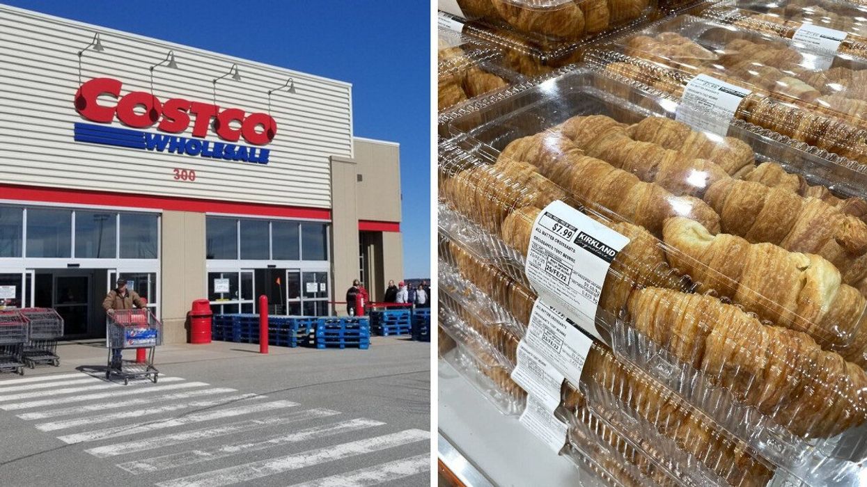 person with shopping cart leaving costco store in canada. right: packs of kirkland signature croissants at costco