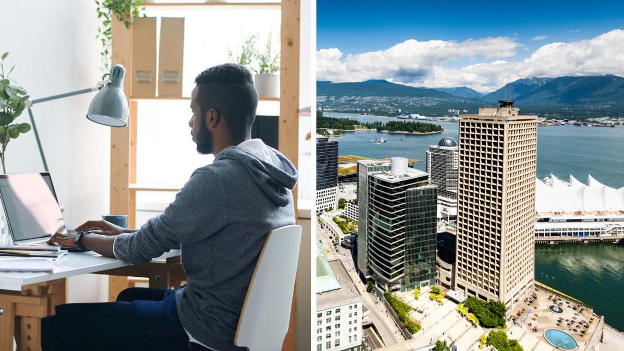 Person working at a desk. Right: Vancouver skyline.