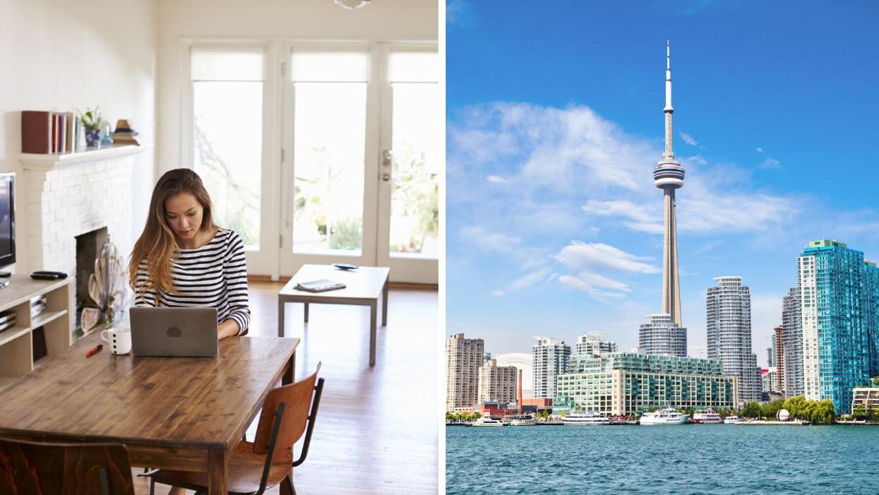 Person working form home. Right: CN tower.