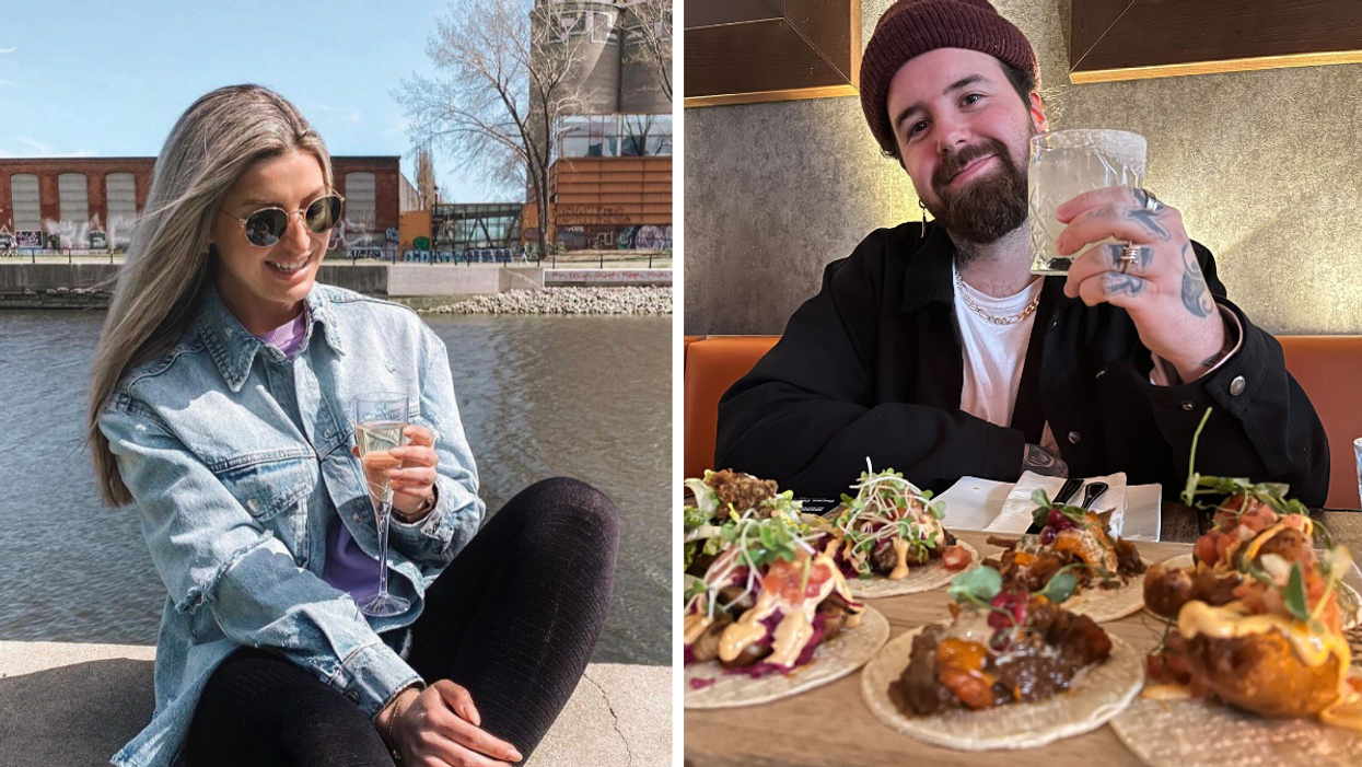 Personne assise au Canal Lachine. Droite : Personne devant son repas au La Catrina.