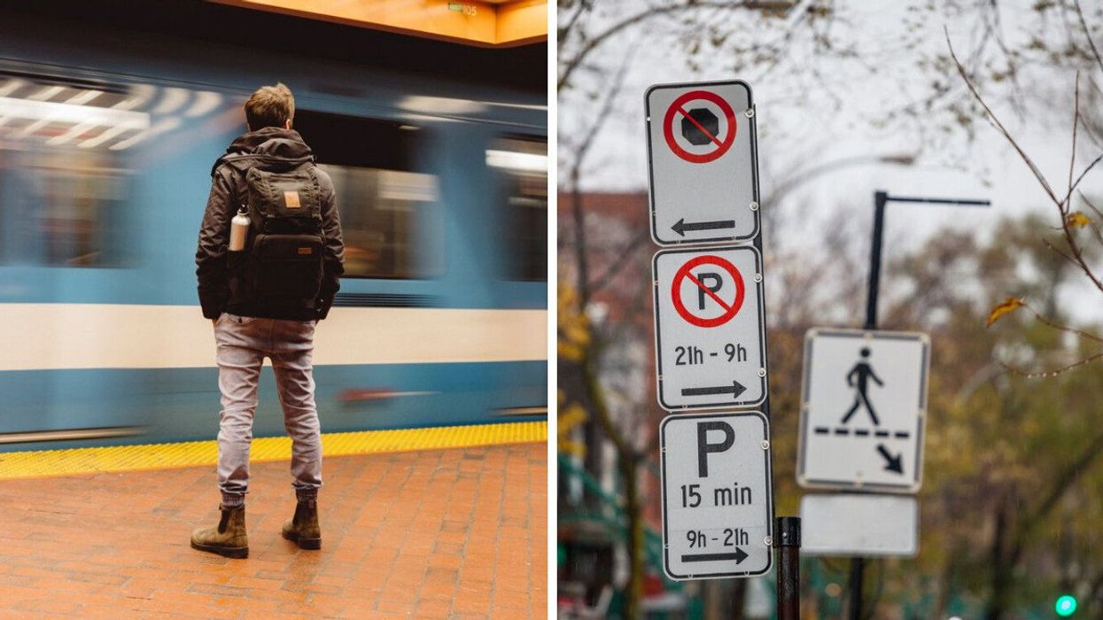 Personne dans le métro de Montréal. Droite : Panneau de stationnement.
