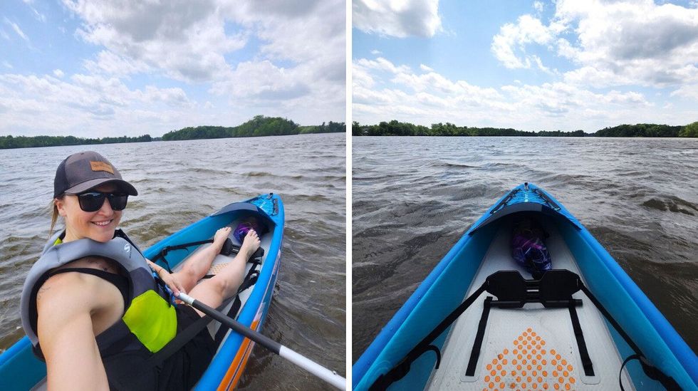 Personne dans un kayak sur l'eau | Droite: