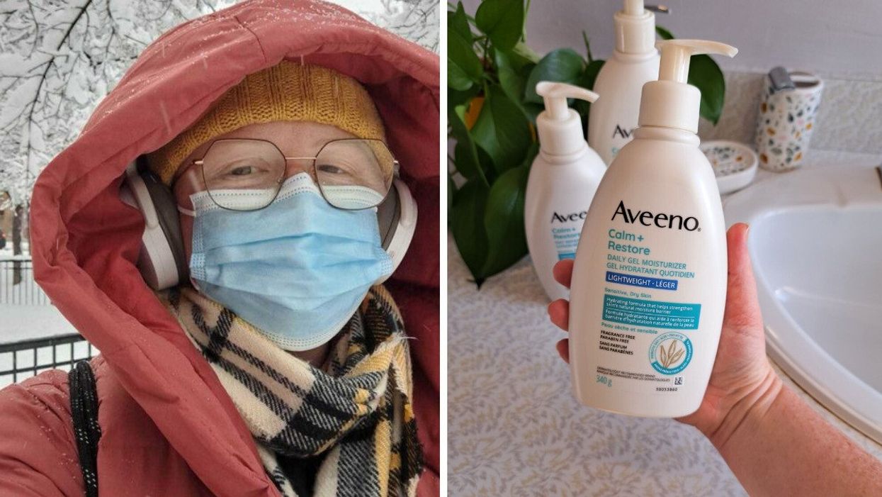 Personne habillée chaudement entourée d'arbres couverts de neige en arrière-plan.. Droite : Produits corporels Aveeno® Calm + Restore®.