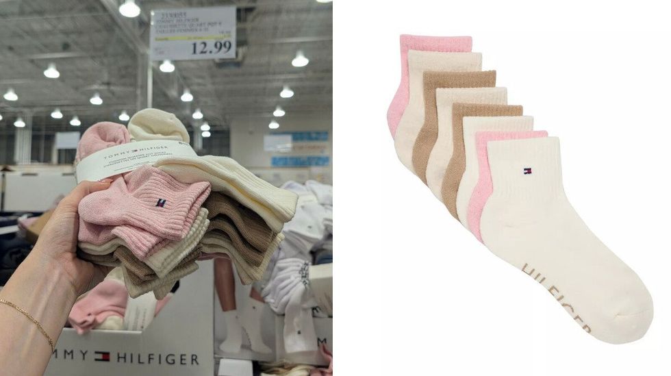 Personne qui tient dans sa main des chaussettes color\u00e9es dans le rayon des v\u00eatements chez Costco. Droite : ces m\u00eames chaussettes sur fond blanc.