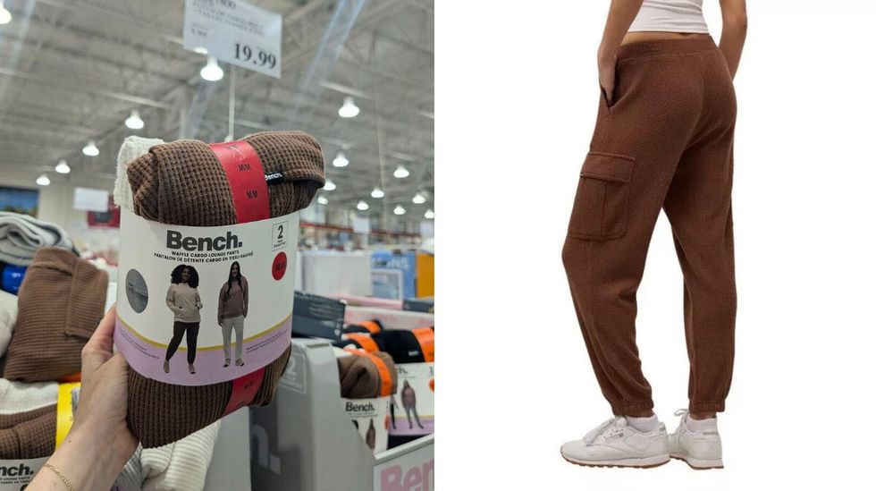 Personne qui tient dans sa main des pantalons Bench dans le rayon des v\u00eatements chez Costco. Droite: une mannequin qui porte le mod\u00e8le brun.