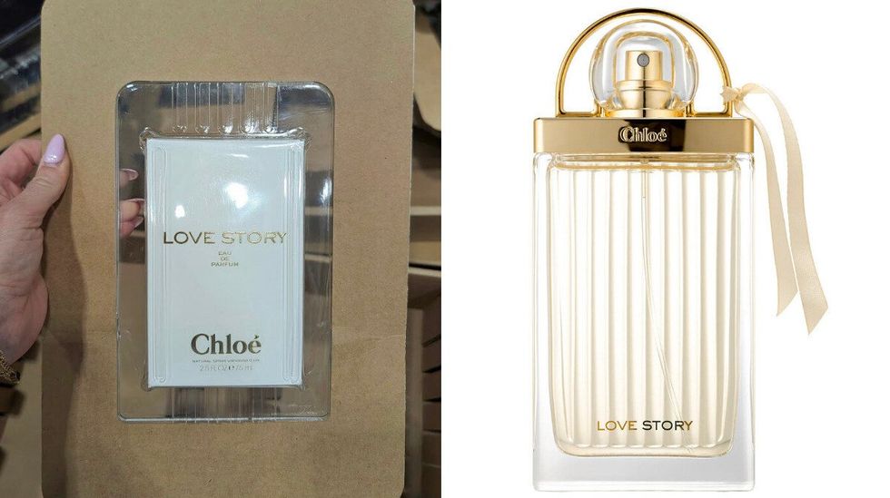Personne qui tient une bo\u00eete d'une bouteille de parfum Chlo\u00e9 vendue dans le rayon beaut\u00e9 chez Costco. Droite : bouteille de parfum Love Story de Chlo\u00e9 sur fond blanc.
