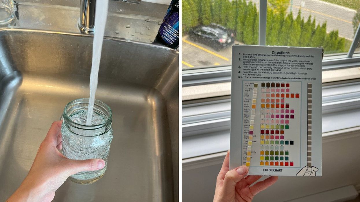 Personne versant de l'eau de l'évier dans un verre. Droite : Tests d'eau 16-en-1.