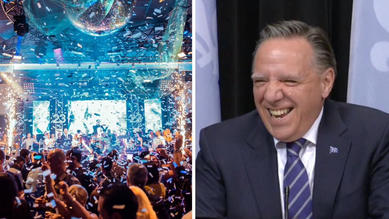 Personnes dansant dans une discothèque. Droite : François Legault.