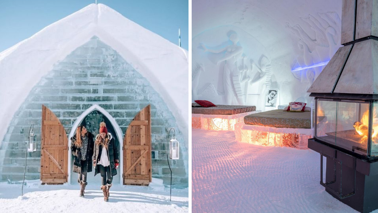 Personnes devant l'Hôtel de Glace de Québec. Droite : Intérieur.