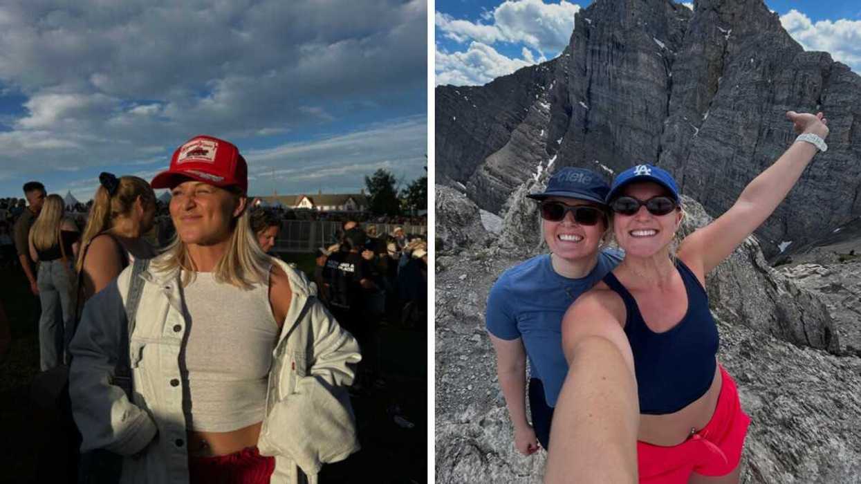 Peson in Calgary. Right: People hiking in Alberta.