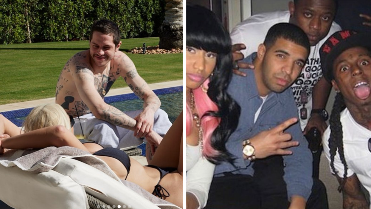 Pete Davidson and Kim Kardashian. Right: A photo of Drake taken after he started at the bottom but before he got here.