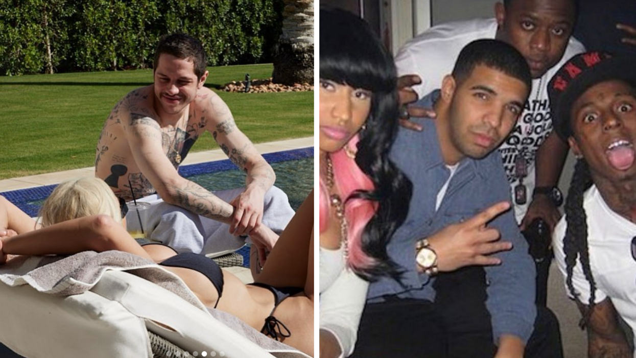 Pete Davidson and Kim Kardashian. Right: A photo of Drake taken after he started at the bottom but before he got here.