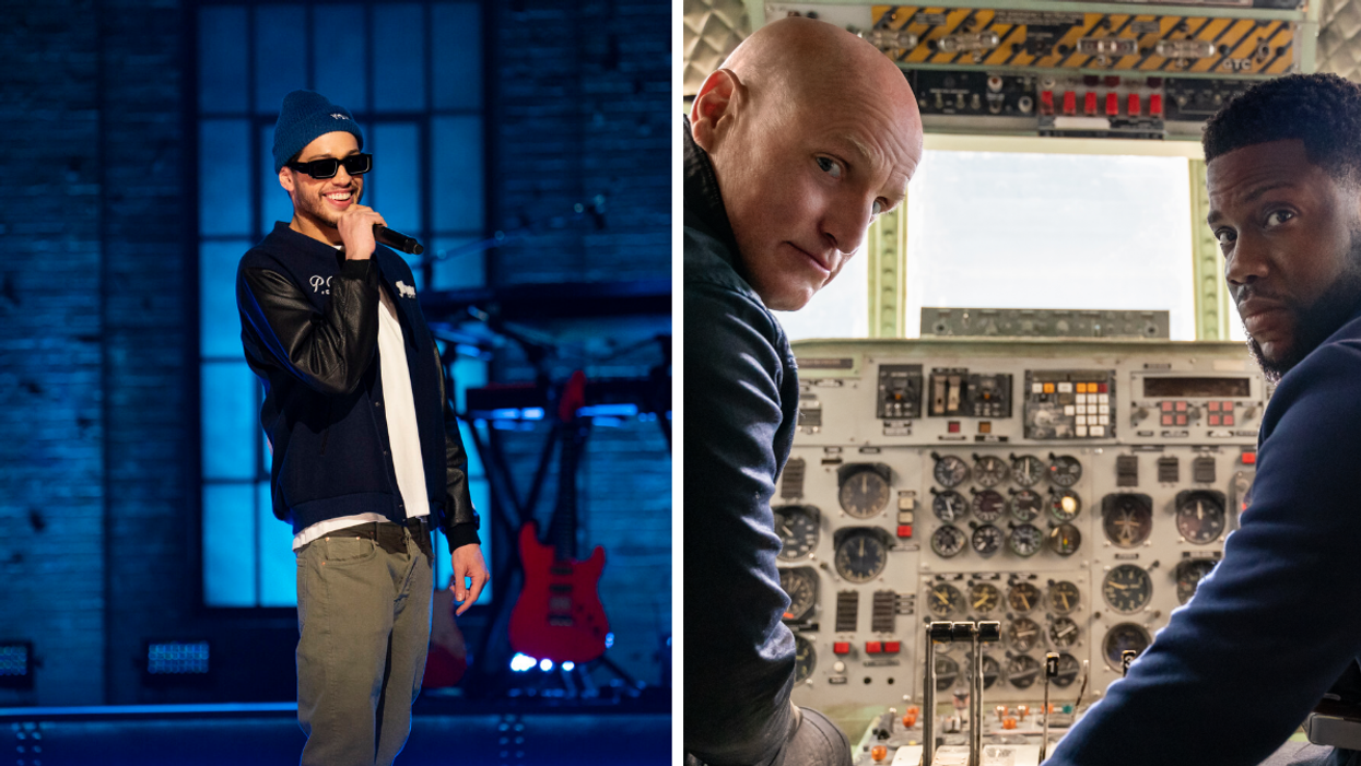 Pete Davidson in his new comedy special. Right: Kevin Hart and Woody Harrelson in "The Man From Toronto."