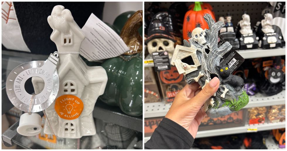 Petit bibelot th\u00e9matique blanc. Droite : Petit bibelot th\u00e9matique d'une maison dans un arbre.