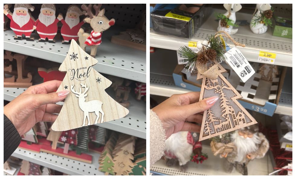 Petit sapin de No\u00ebl en bois avec un reine et \u00ab Joyeux No\u00ebl \u00bb au Dollarama. Droite : Petit sapin de No\u00ebl en bois avec d\u00e9corations et paysages d'hiver au Dollarama.