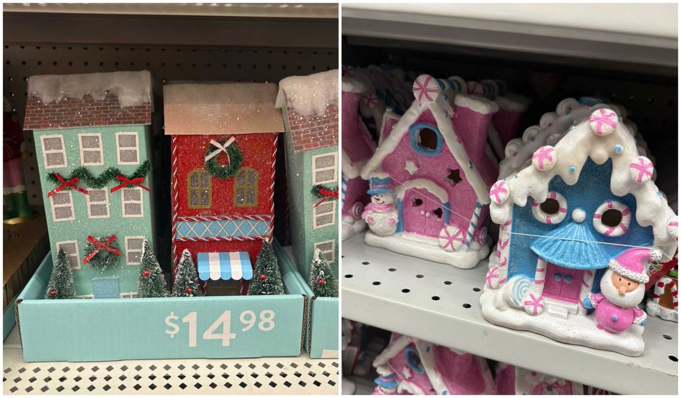 Petites maisons color\u00e9es de No\u00ebl au Walmart. Droite : Petites maisons color\u00e9es de No\u00ebl au Dollarama.