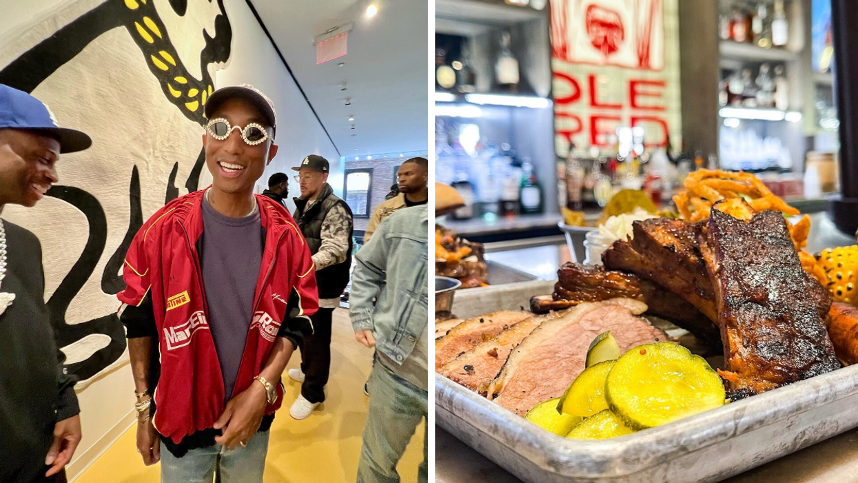 Pharrell Williams smiling with sunglasses on. Right: A rib platter at Ole Red's.