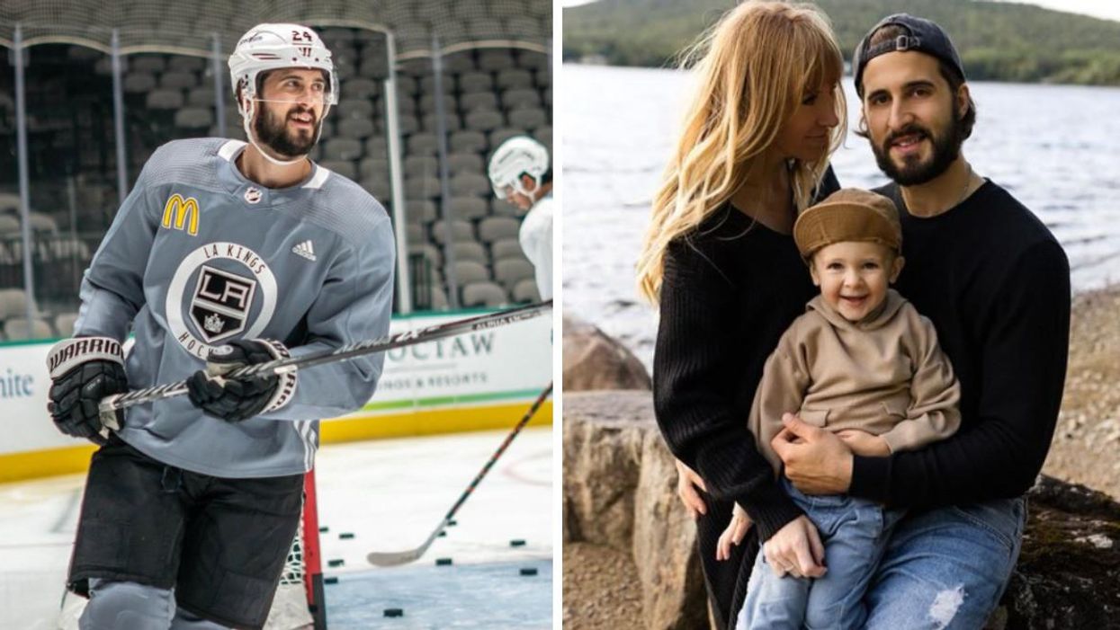 Phillip Danault en entraînement avec les Kings de Los Angeles. Droite : Marie-Pierre Danault, Phillip Danault et leur fils.