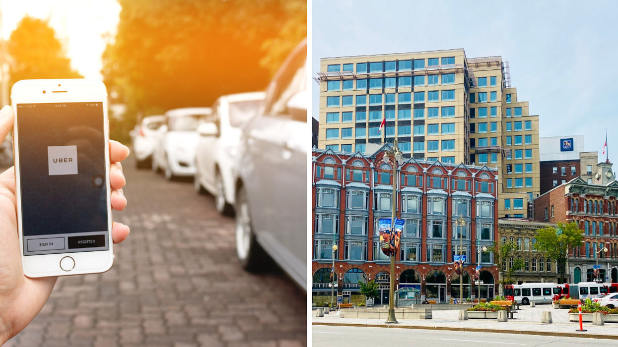 Phone with Uber app open. Right: Buildings in downtown Ottawa.