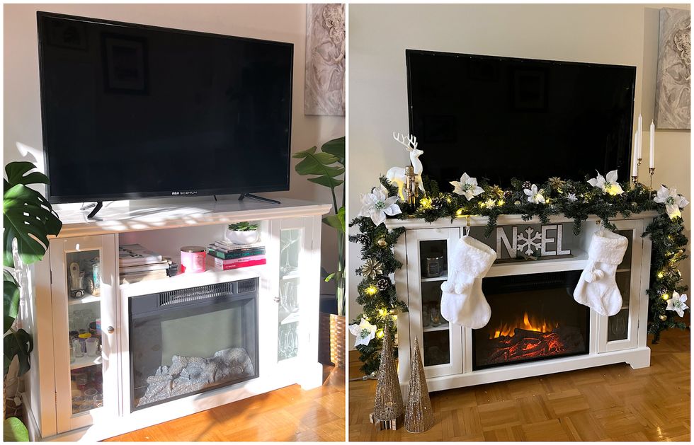 Photo d'un t\u00e9l\u00e9viseur sur meuble blanc. Droite : La m\u00eame image, mais d\u00e9cor\u00e9e pour No\u00ebl avec des bas et une luxueuse guirlande de pin et fleurs blanches.