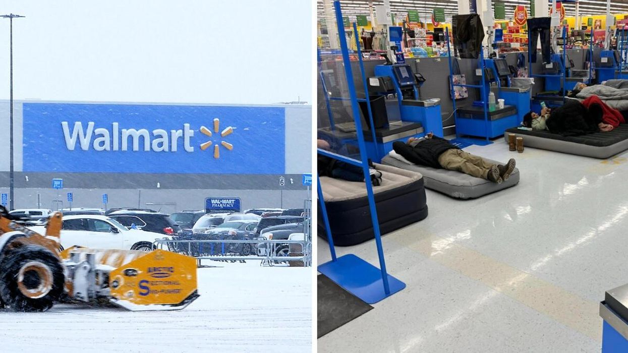 Photo d'un Walmart. Droite : Clients qui passent la nuit dans un Walmart en Ontario.