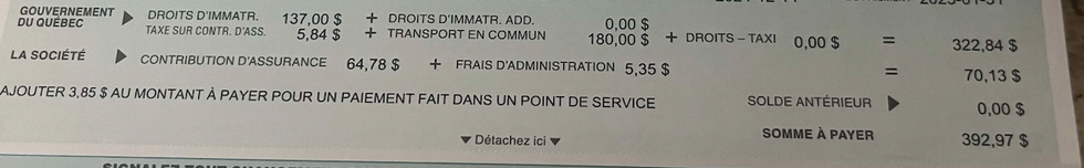Photo d'une facture pour les droits d'immatriculation dans le Grand Montr\u00e9al.