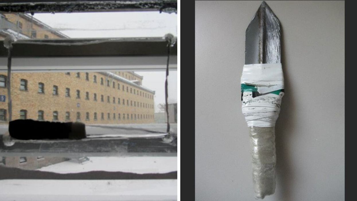Photo d'une fenêtre découpée dans laquelle on peut voir un couteau et la cour intérieure d'une prison. Droite: un couteau artisanal qui a été saisi en prison.