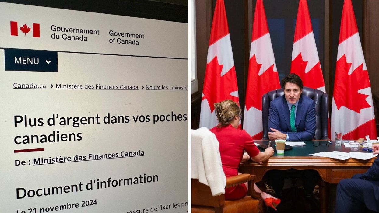 Photo d'une page du site Internet du gouvernement du Canada. Droite: le premier ministre Justin Trudeau avec une femme en rouge de dos.