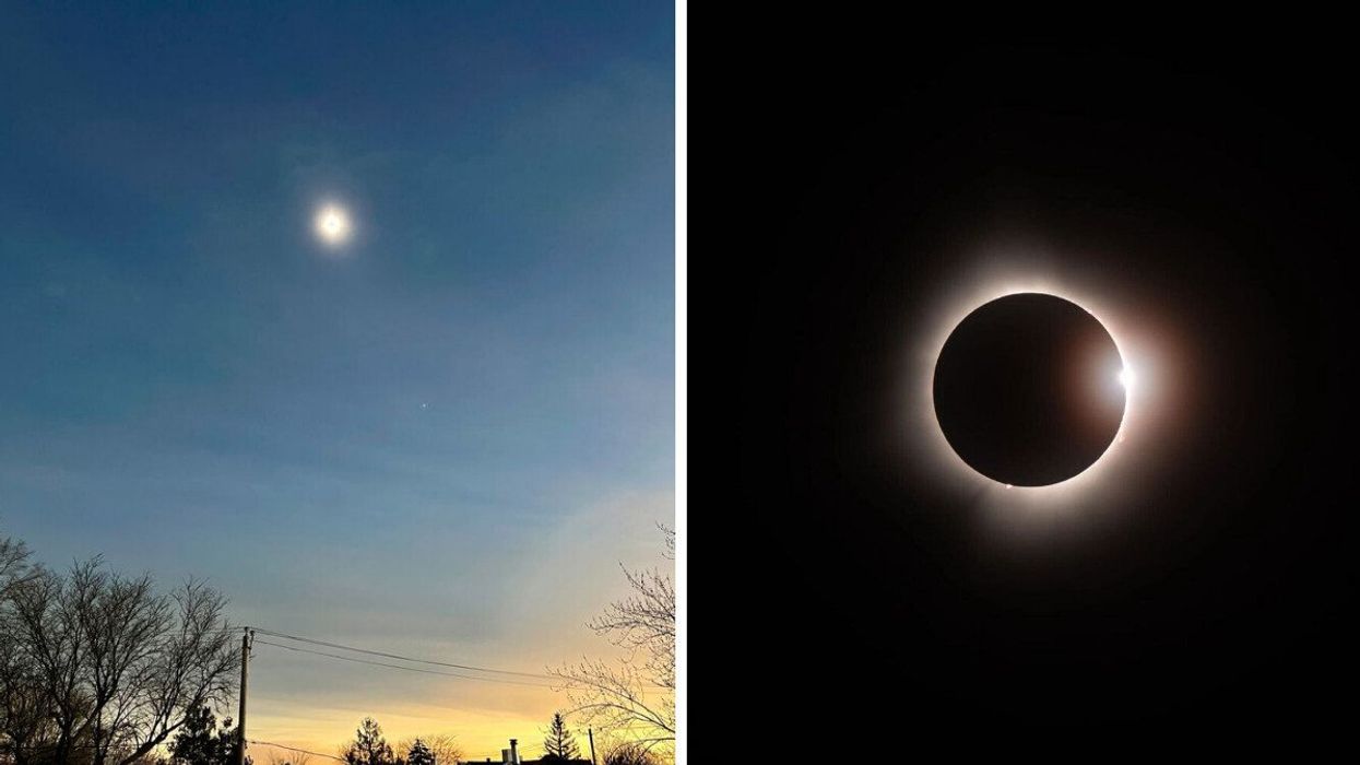 Photo de l'éclipse solaire totale prise de loin. À droite, une photo de l'éclipse solaire totale prise de près avec un appareil photo professionnel.