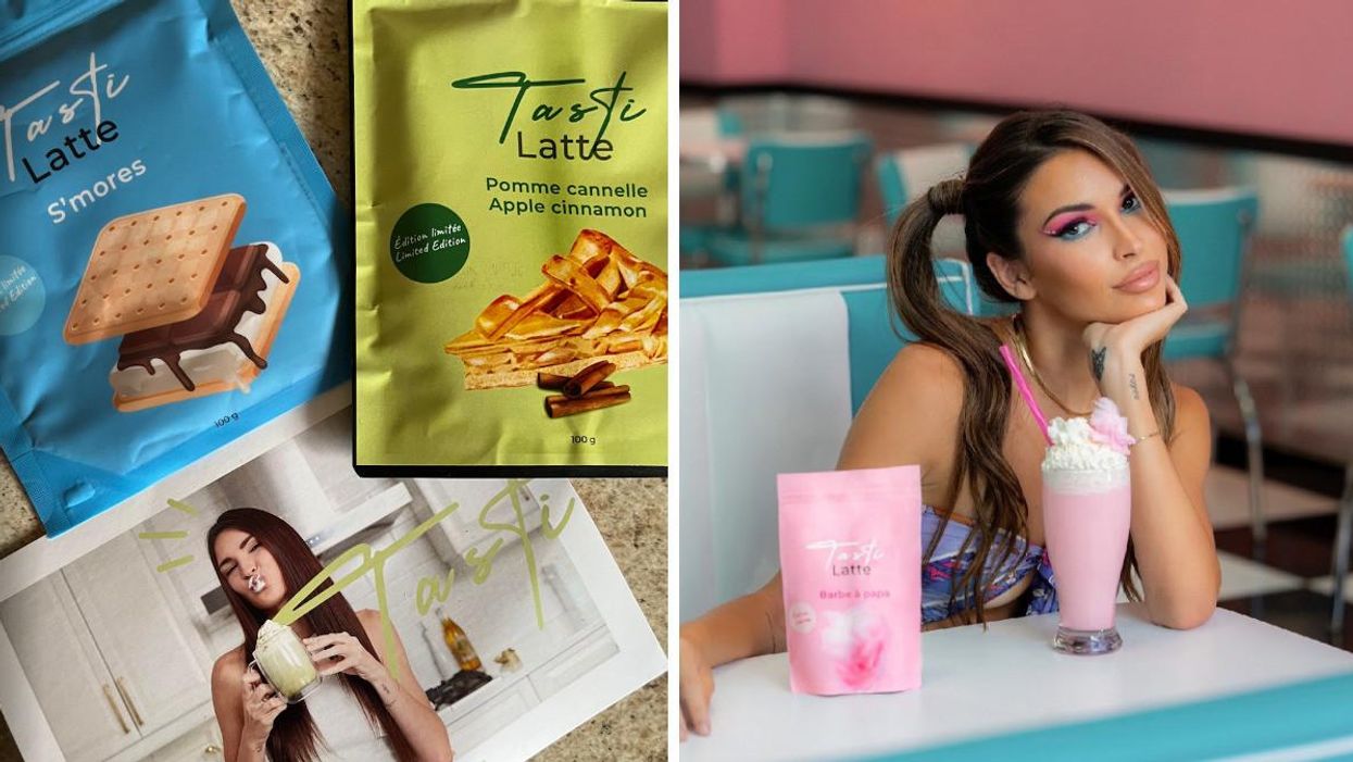 Photo du colis reçu. Droite : Élisabeth Rioux et ses lattés TASTI