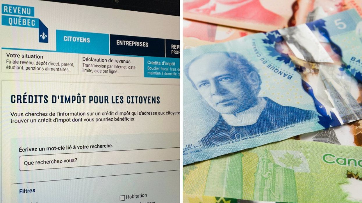 Photo du site Internet de Revenu Québec. Droite : des billets d'argent étalés sur une surface plane.