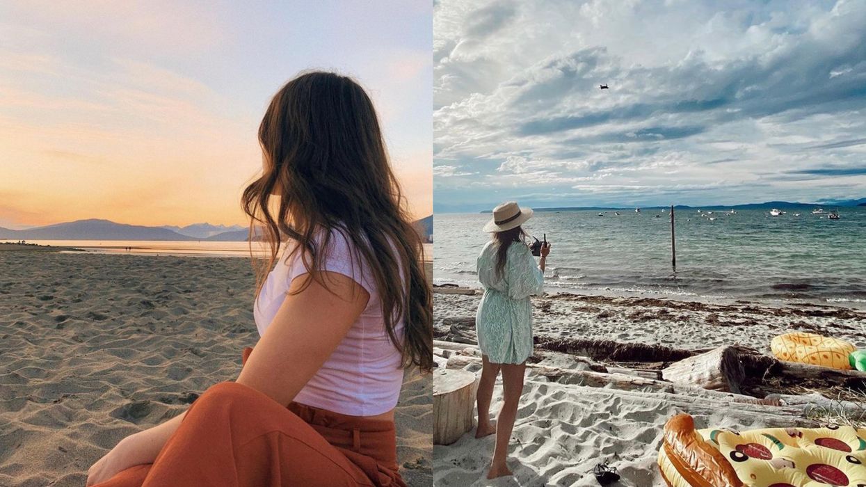 Photo of a woman at Spanish banks and photo of a woman at Savary Island