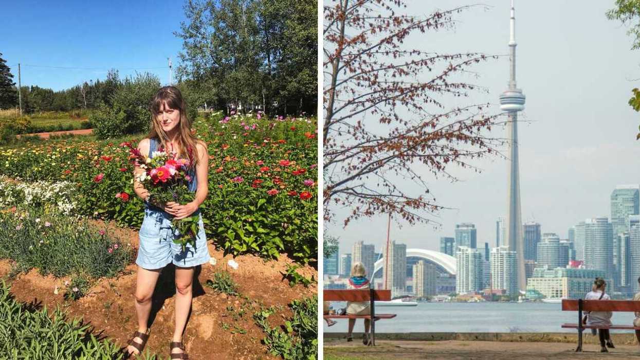 photo of a woman holding flowers in a field; on the right the backdrop of downtown Toronto and Lake Ontario