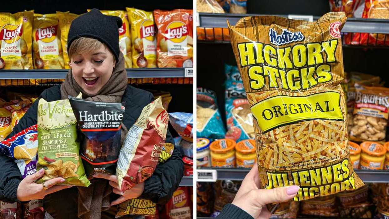 photo of author holding five different bags of chips; photo of a bag of Hickory Sticks chips