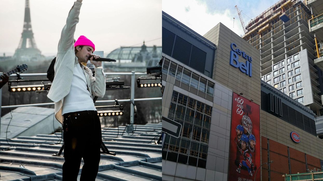 Photo of Justin Bieber and of Montreal's Centre Bell