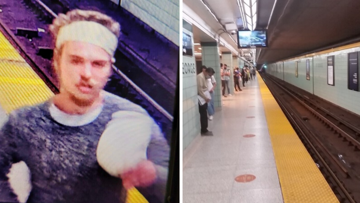 Photo of suspect. Right: St. George subway station.